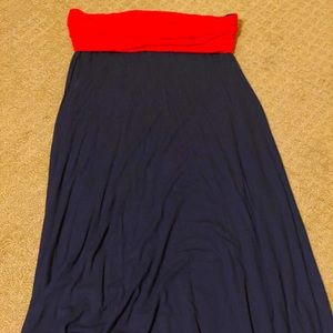 Strapless mid length dress or ankle length skirt.